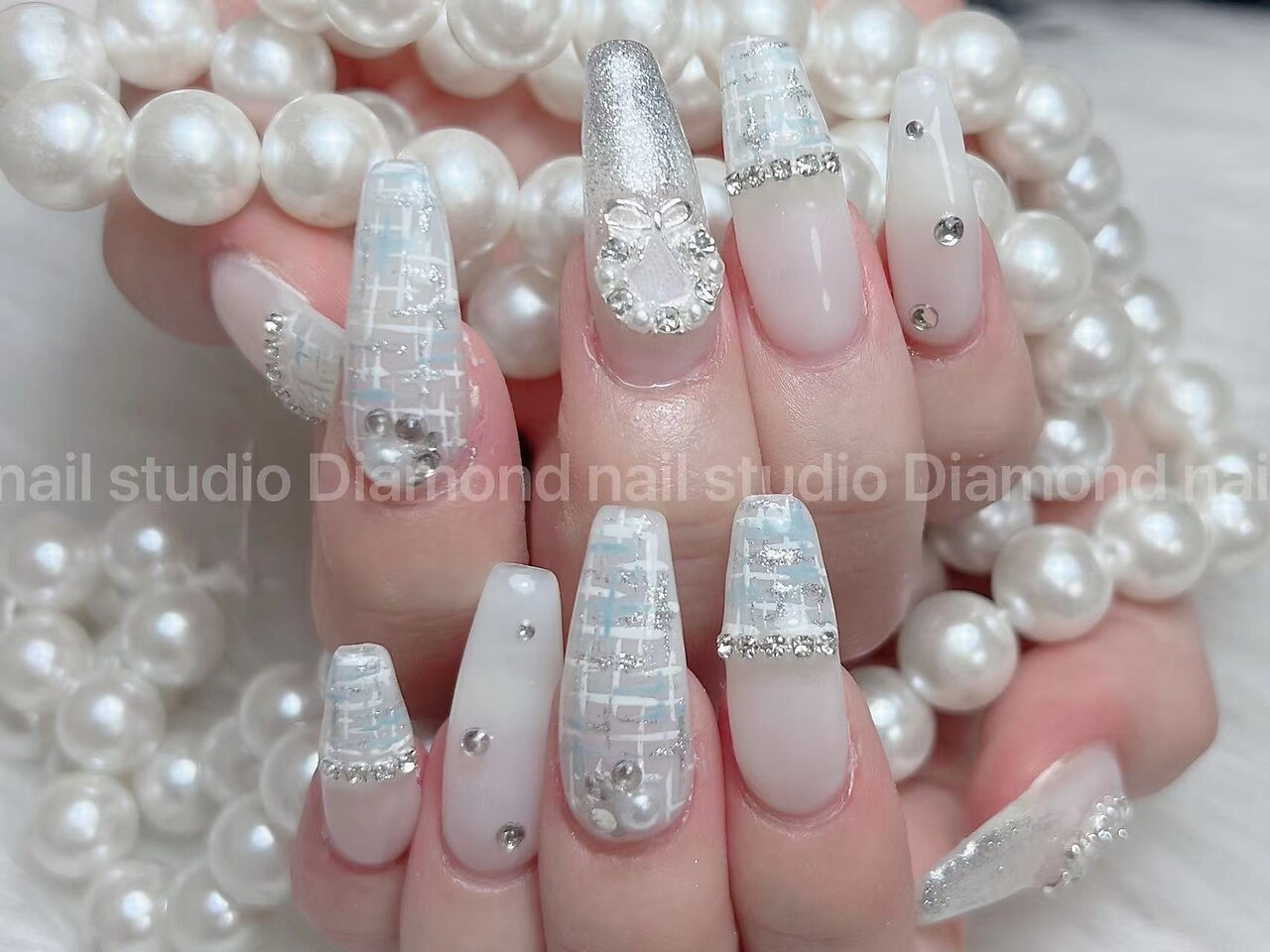 ネイル ネイルチップオーダー ツイード 白 ホワイト バレンタイン 冬