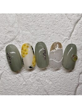 春ネイル/ミモザ/ミラー/押し花