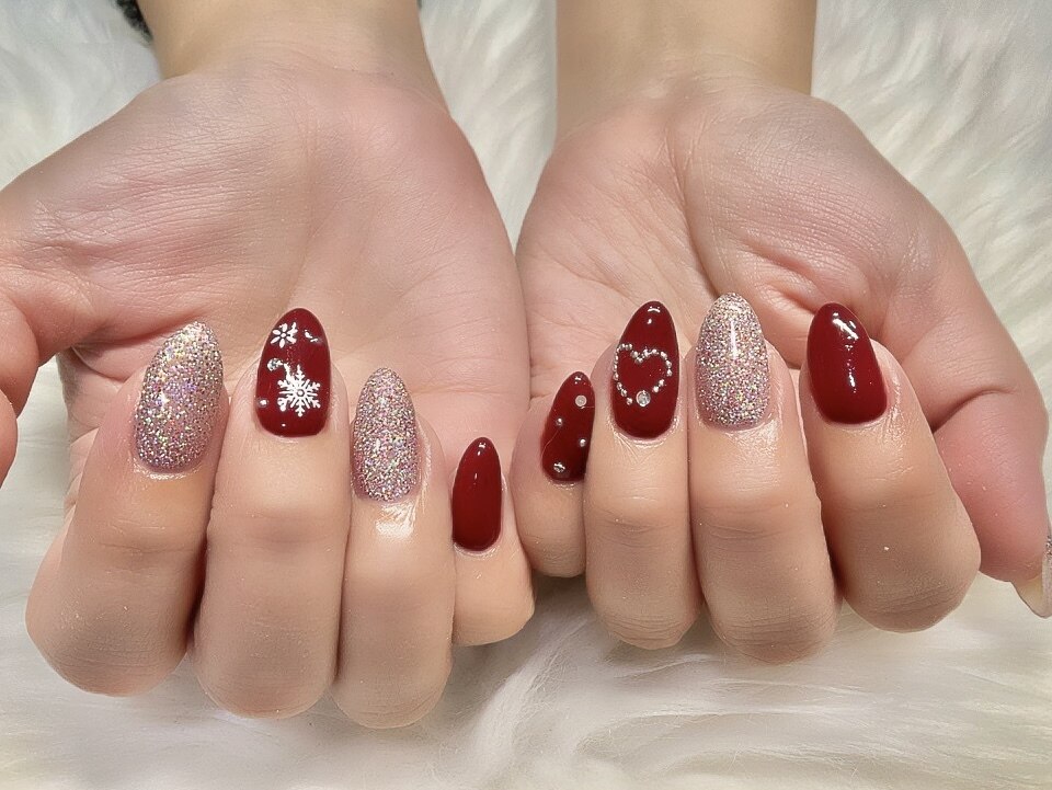 10))フレンチガーリー バレンタイン ネイルチップ ハートネイル ボルドー 冬 10))フレンチガーリー バレンタイン ネイルチップ ハートネイル