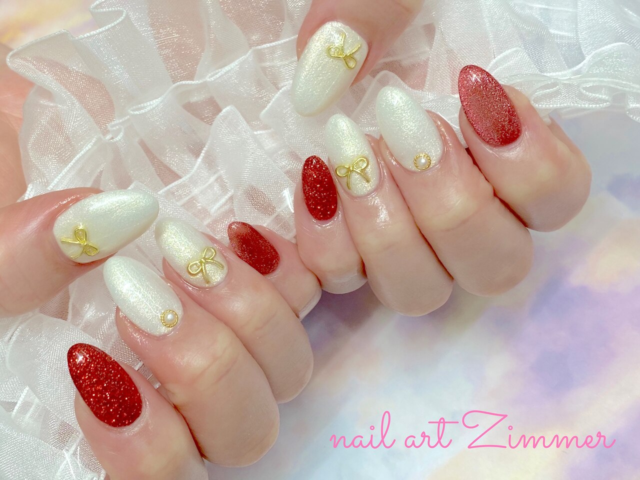 ネイルチップ ワンホン リボン ビジュー クリスマス 冬