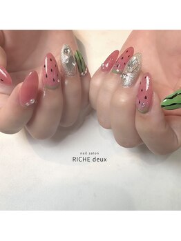 リッシュ ドゥ(RICHE deux)/鮮やかピンクのすいかネイル！