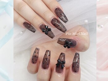 ピオミエルネイル 新宿(pio miel nail)/シアーブラウン×ブラックリボン