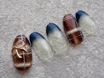 冬色チェックの大人リボンネイル