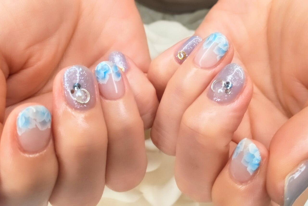 ネイルチップ #02 ブルーグレー マーブル ぷっくりフラワーネイル ネイルチップ #02 ブルーグレー マーブル ぷっくりフラワーネイル