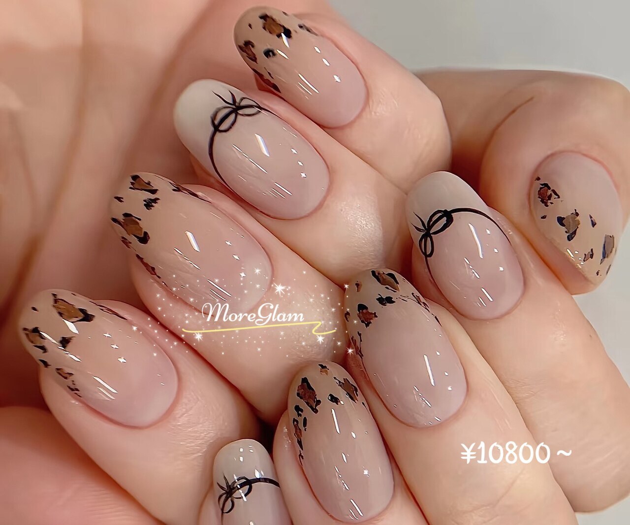 ヒョウ柄ネイル 秋 ガーリー リボン ハート 量産型 いつも可愛いお客様💕 ヒョウ柄design🐆♥ お洒落な仕上がりです