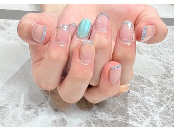 ラメフレンチ×ブルーオーロラ