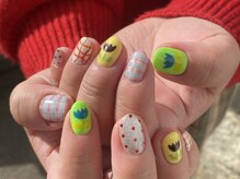 チューリップとチェック柄