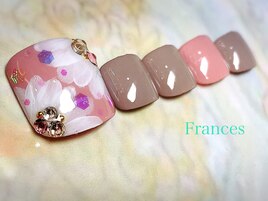 フット　手描きホワイトフラワー