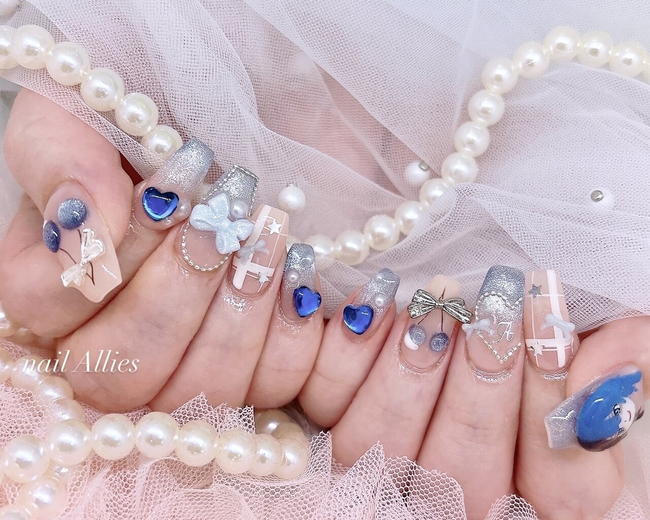 ネイルチップ ワンホン ウィッシュコア リボン ハートホロ ビジュー