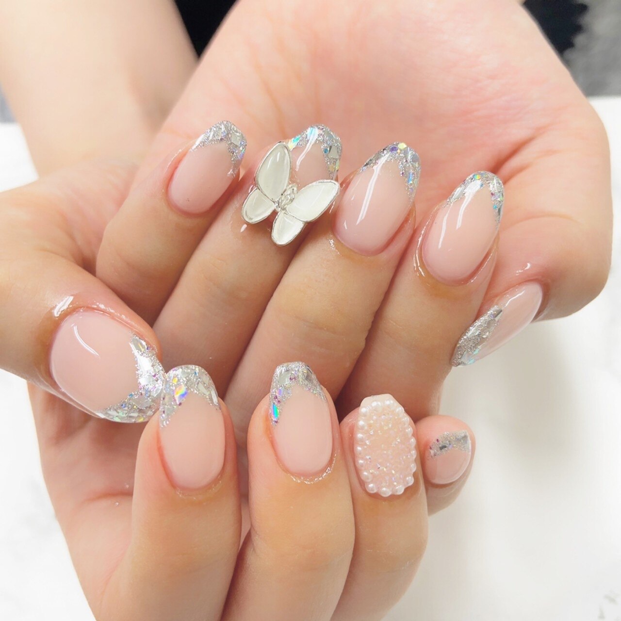 ネイルチップ 現品ネイルチップ m057 ガラスフレンチネイル 蝶々ネイル 