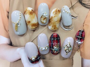 クリスタルネイル ボンベルタ橘店(CRYSTAL NAIL)/チェック×ダイダイ