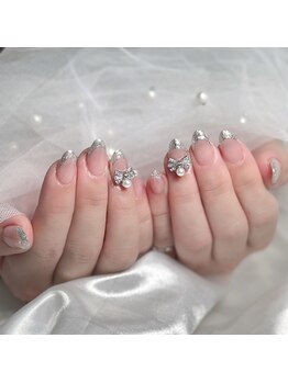 エースネイル(Ace nail)/ラメフレンチ × リボン