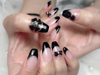 ジョアネイル(JOA Nail)/黒/フレンチ/リボン/バラ