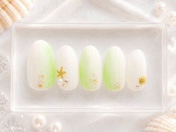 桜/爽やかミント色の夏グラデネイル