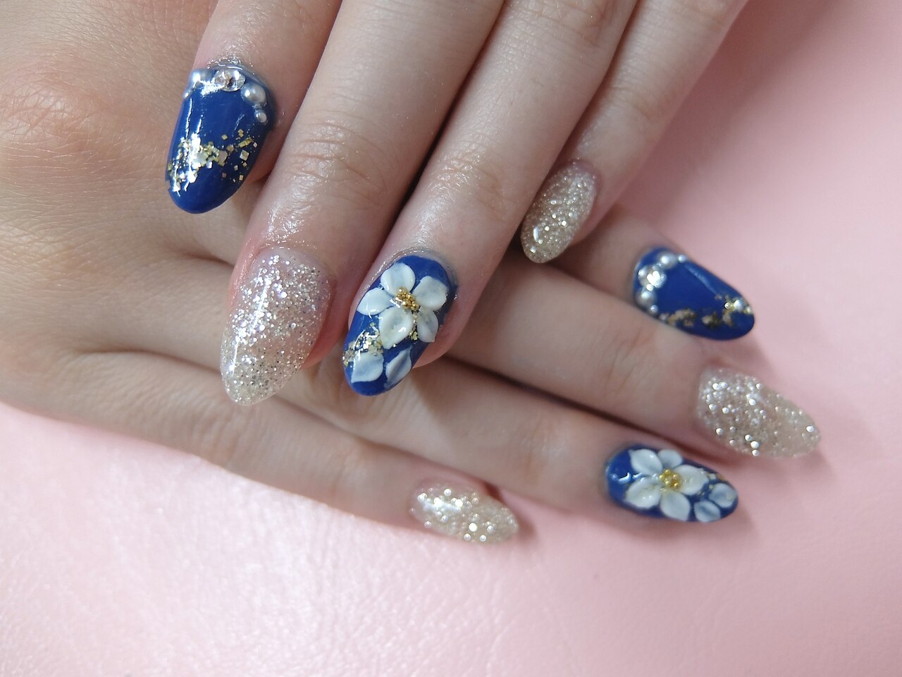 ☆B-65☆和柄ネイル 青のお着物ネイルチップ 成人式 前