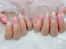 リボンネイル　ピンク　春カラー
