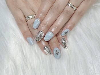 ヒールネイル(heal nail)/blue×大理石×silver.