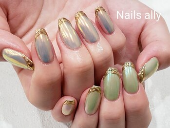 ネイルズアリー 立川店(Nails ally)/ミラーフレンチ×ジュエリー×春