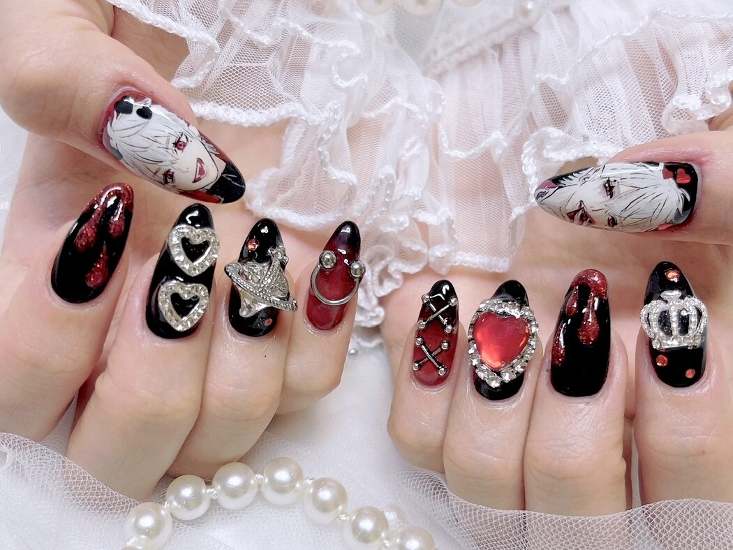 ネイルチップ 量産型 フリル ツイード 羽 推しネイル ゴテゴテ 赤 #12 ネイルチップ 量産型 フリル ツイード 羽 推しネイル ゴテゴテ