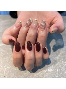 リッシュ(RICHE)/秋のボルドー×チェックネイル