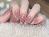 ロングチップ長さだし うる艶ピンクベージュ×先端ストーンネイル