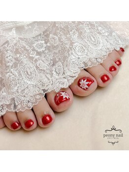 ピオニーネイル(peony nail)/ラメ入りレッドに手描きフラワー