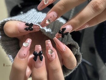 アイネイルズ 四条河原町店(I-nails)/ピンクパウダーブラックリボン