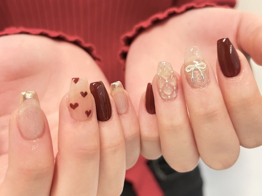 30))ネイルチップ フレンチガーリー マットネイル ハート ボルドーネイル 冬 30))ネイルチップ フレンチガーリー マットネイル ハート ボルドー