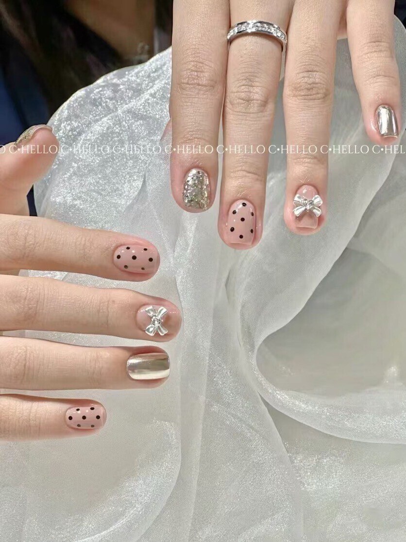 ネイルチップ 量産型 ツイード オレンジ ガーリー 推し リボン #109