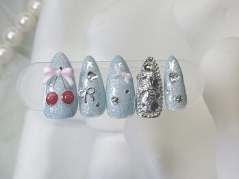 fannail【パラジェル/フィルイン/長さだし/ワンカラー/定額/ワンホン/名古屋/上前津】/ガーリー水色×チェリーリボン