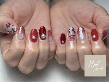 ネイルセッション(nail session)/赤ミラーフラワーアート
