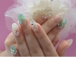 着物和手書きフラワー緑白クリア