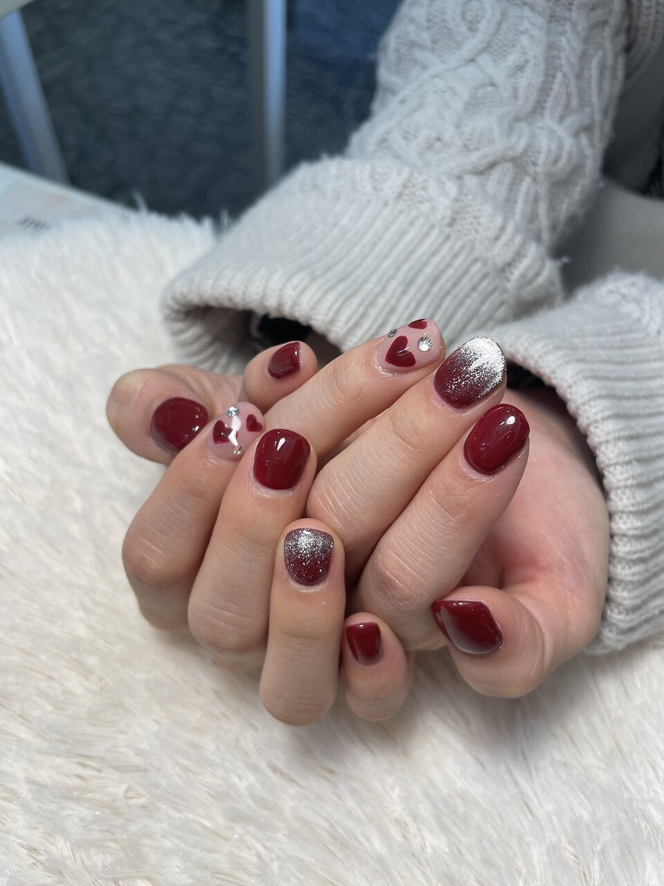 25))ハートネイル ネイルチップ 埋めつくし ボルドー フレンチガーリー 73))ボルドー クリスマスネイル フレンチガーリー ネイルチップ