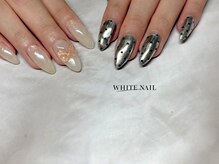 ホワイトネイル(WHITE NAIL)/アシメネイル/リボン/ドット