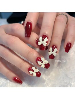 リッシュ ドゥ(RICHE deux)/リボン×ボルドーガーリーネイル