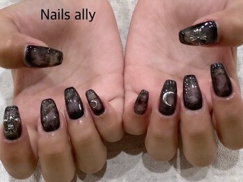 ネイルズアリー 立川店(Nails ally)/クリアブラック×月×クロス×秋