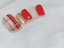 冬フット。チェック×レッド