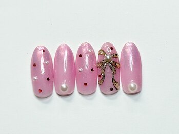 ジュエル(Jewel)の写真/きらめくピンク×ハートの上品リボンネイル★浦和駅近Jewel定額で大人かわいい指先にオフ&ケア込み