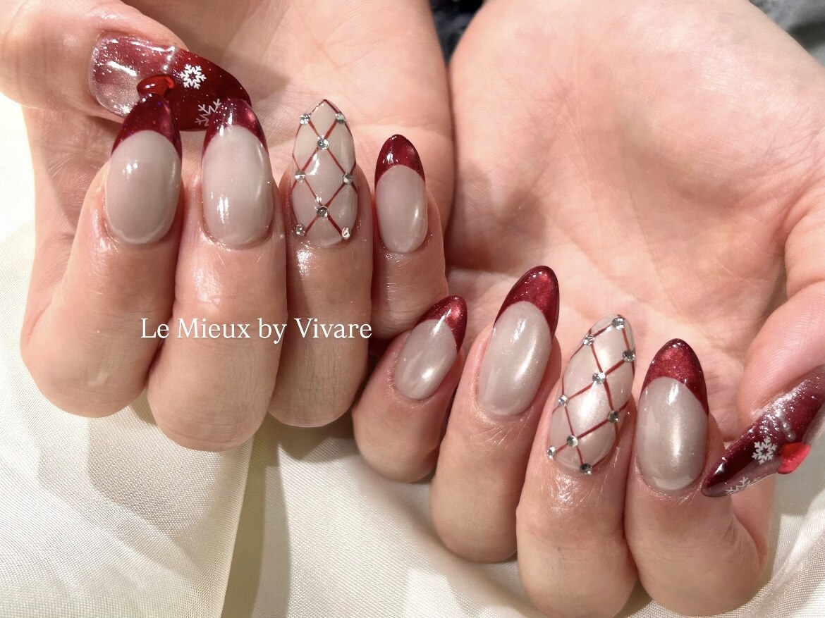 ネイルチップ オーダー フレンチ フラッシュ ボルドー 冬 マグネット ガーリー ネイルチップ＊ボルドーフラッシュマグネット ハート 赤 ベージュ