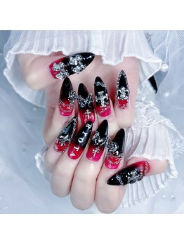 ラヴィアン 名古屋大須店(La vie en)/長さ出し ゴテゴテ赤黒ネイル