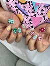 チェックドット花柄ネイル
