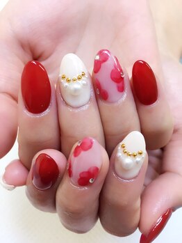 ネイルアンドアイラッシュサロン レア 千葉店(Lea)/◆赤フラワーネイル◆