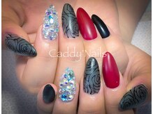 キャディーネイルズ(Caddy' Nails)/手書きローズ　スワロ埋め尽くし