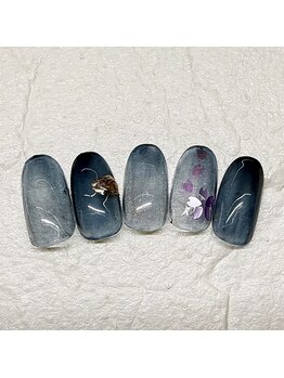 春ネイル/桜/ネイビー/ミラー