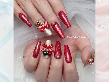 ピオミエルネイル 新宿(pio miel nail)/レッドラメ×クリスマスリボン