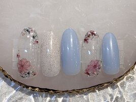 クリアブルー×押し花ネイル
