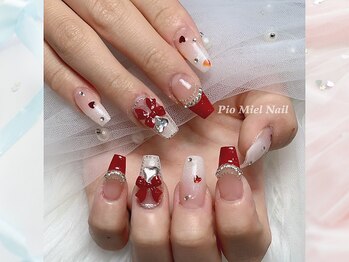 ピオミエルネイル 新宿(pio miel nail)/ピンク×赤フレンチ×リボン