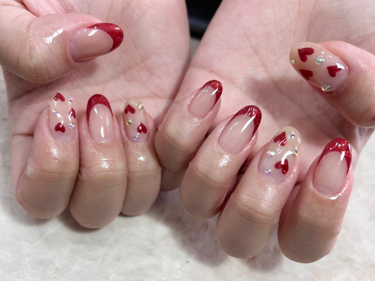 40))ネイルチップ フレンチガーリー ブルー ハートネイル 夏