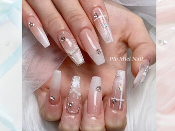 ピオミエルネイル 新宿(pio miel nail)/ピンク×ホワイトグラデ×リボン