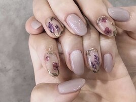 flower＆gray nail